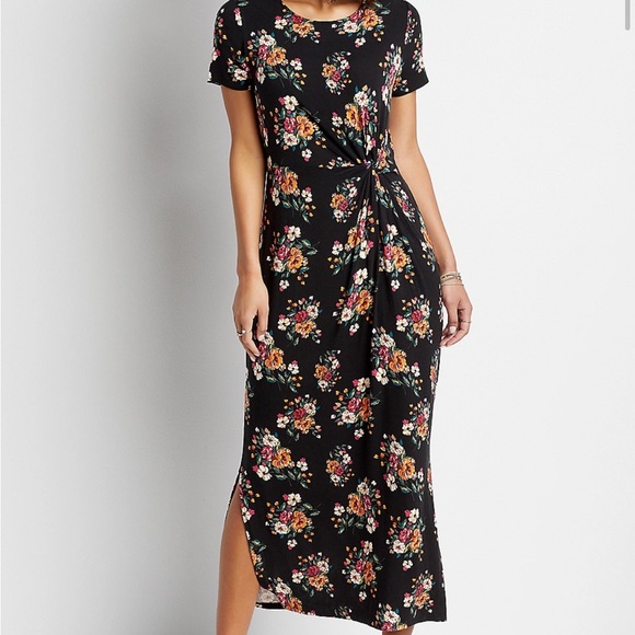 Maurices Dresses & Skirts - Maurices Women’s 24/7 Black Floral Front Knot Maxi Dress Sz L